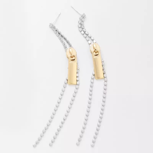 Zipper Tassel Silver and Gold Two-Tone Earrings - Picture 5 of 6